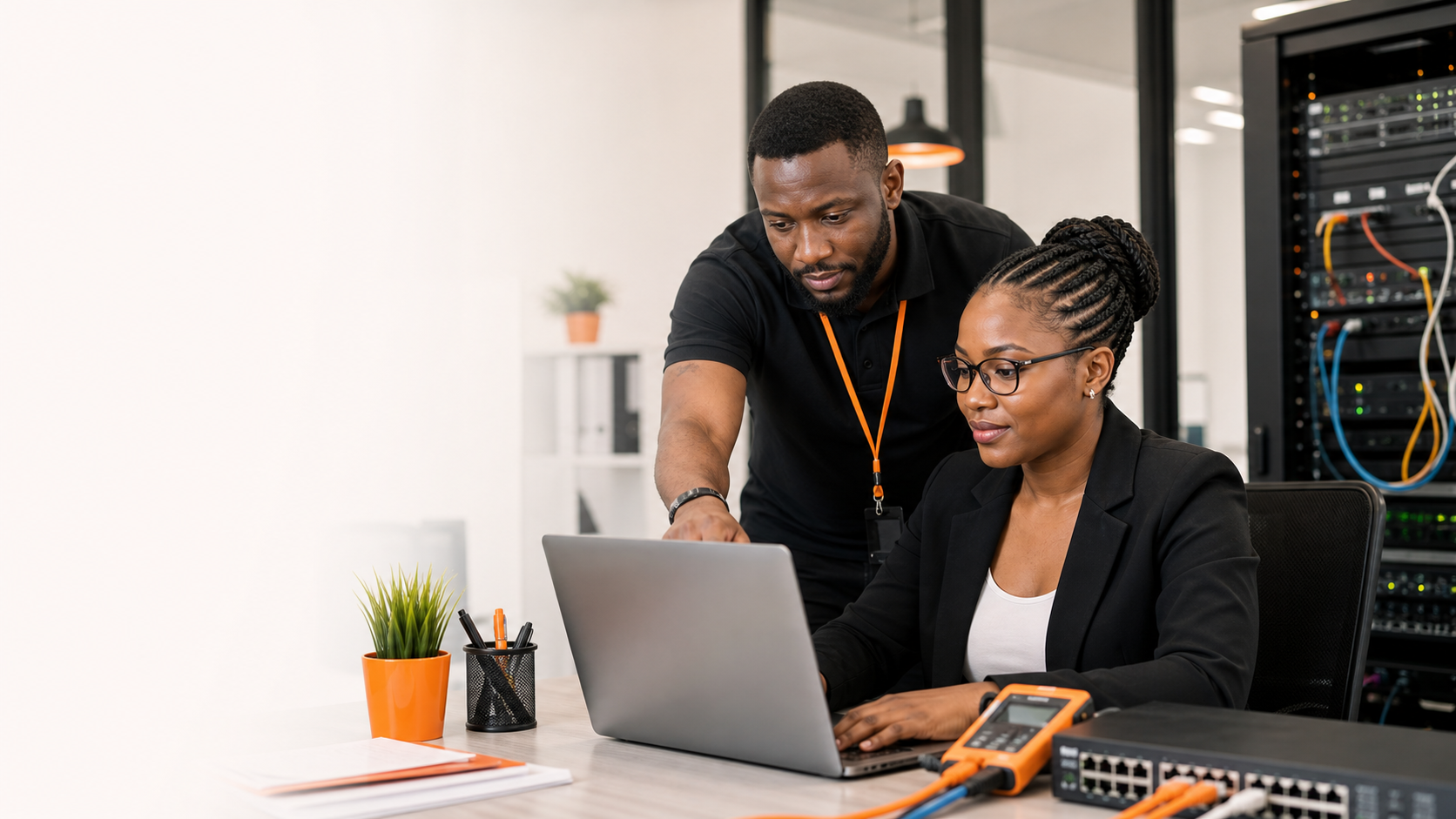 OfficeData IT support engineer assisting a business user with network infrastructure